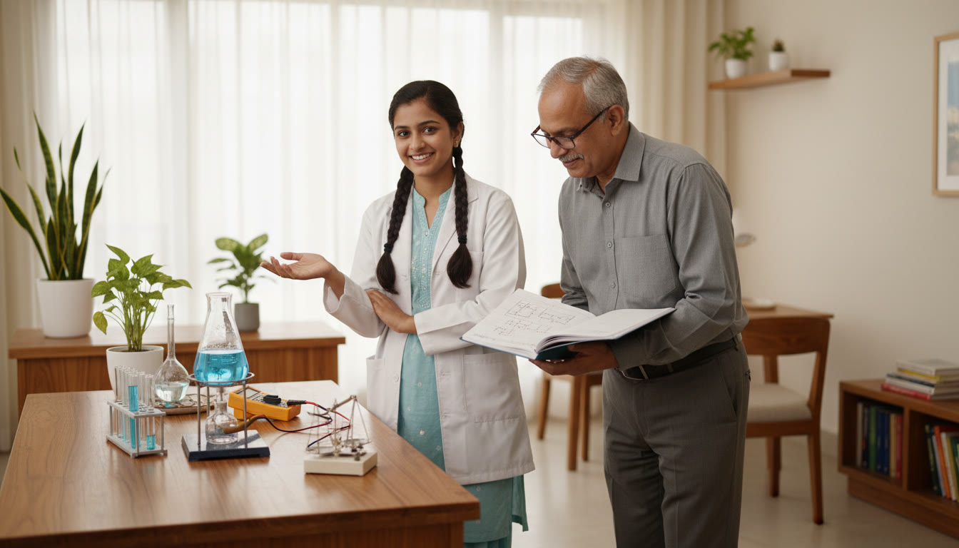 Photo Idea : Student confidently explaining an experiment to an examiner beside a lab bench, with equipment and a neatly written logbook visible.