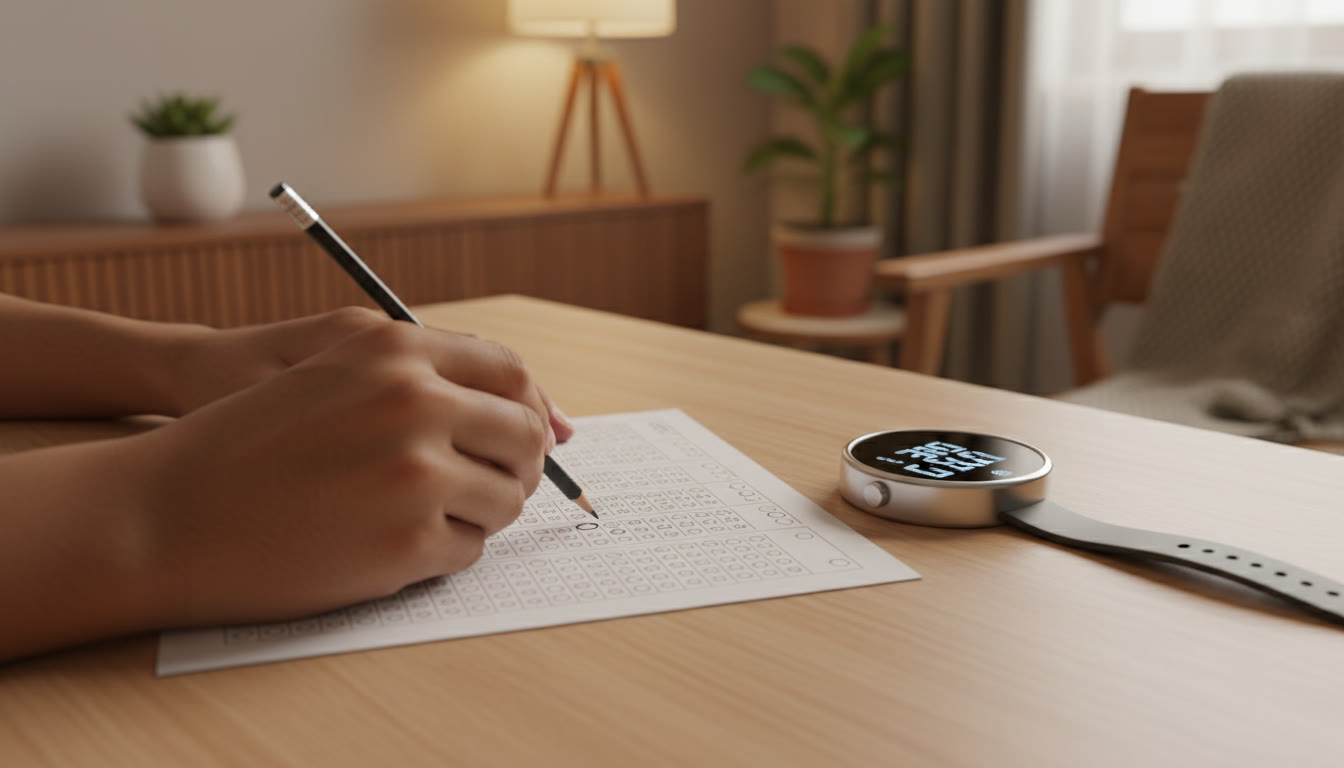 Photo Idea : Close-up of hands marking an OMR sheet with a pencil and a stopwatch beside it
