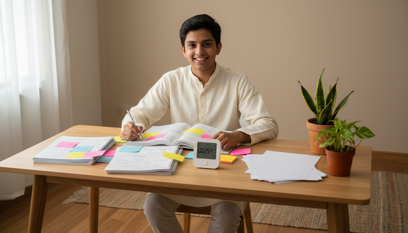 Photo Idea : Student at a tidy study desk revising with colored sticky notes, a timer, and practice papers