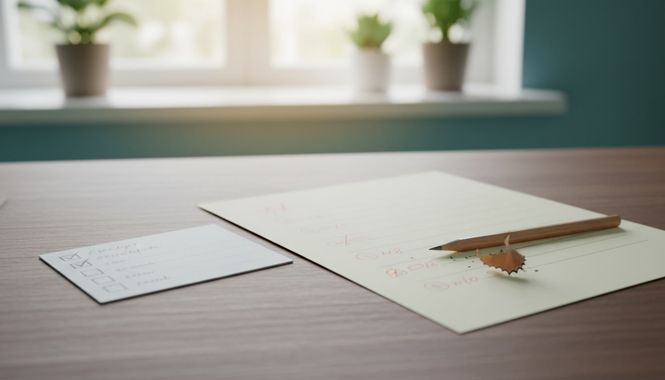 Photo Idea : A neat exam desk with a marked exam paper, a checklist card and a pencil sharpened ready