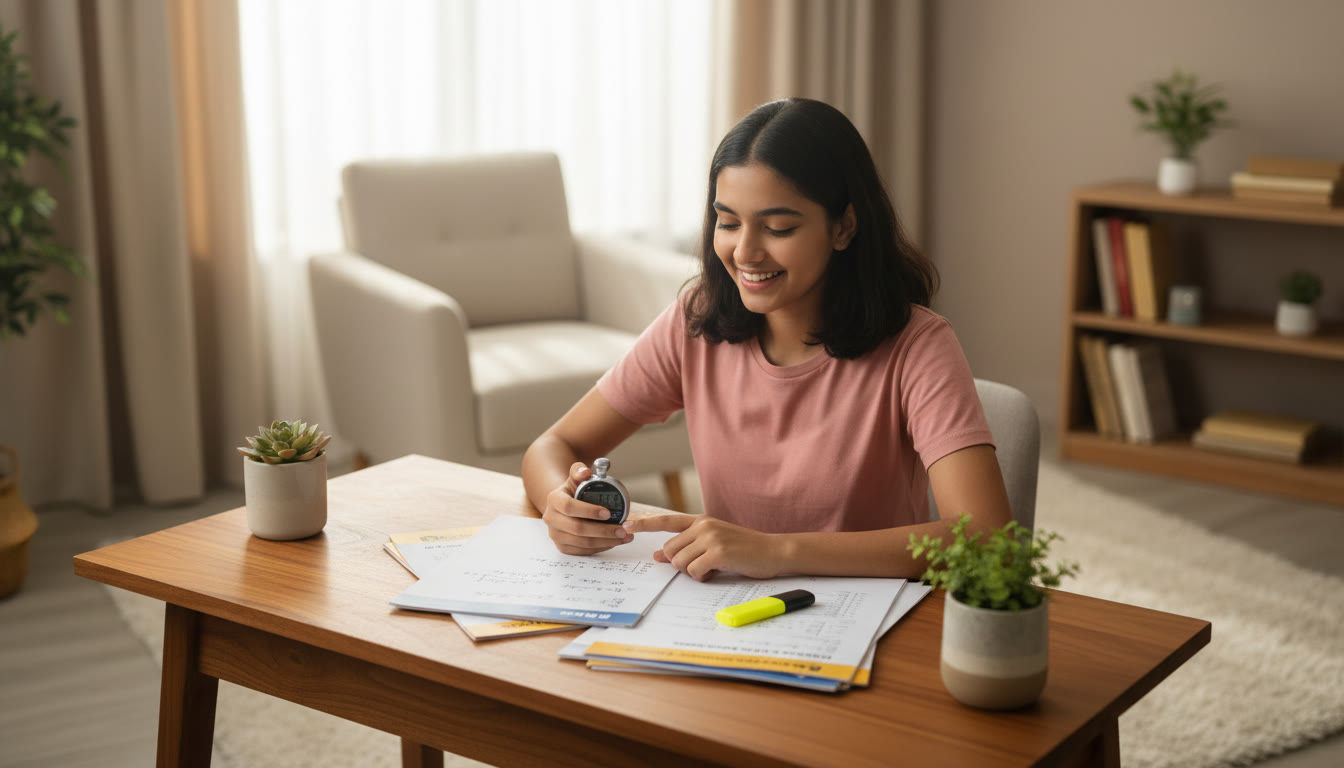 Photo Idea : A student using a stopwatch beside neatly organized sample papers and a highlighter