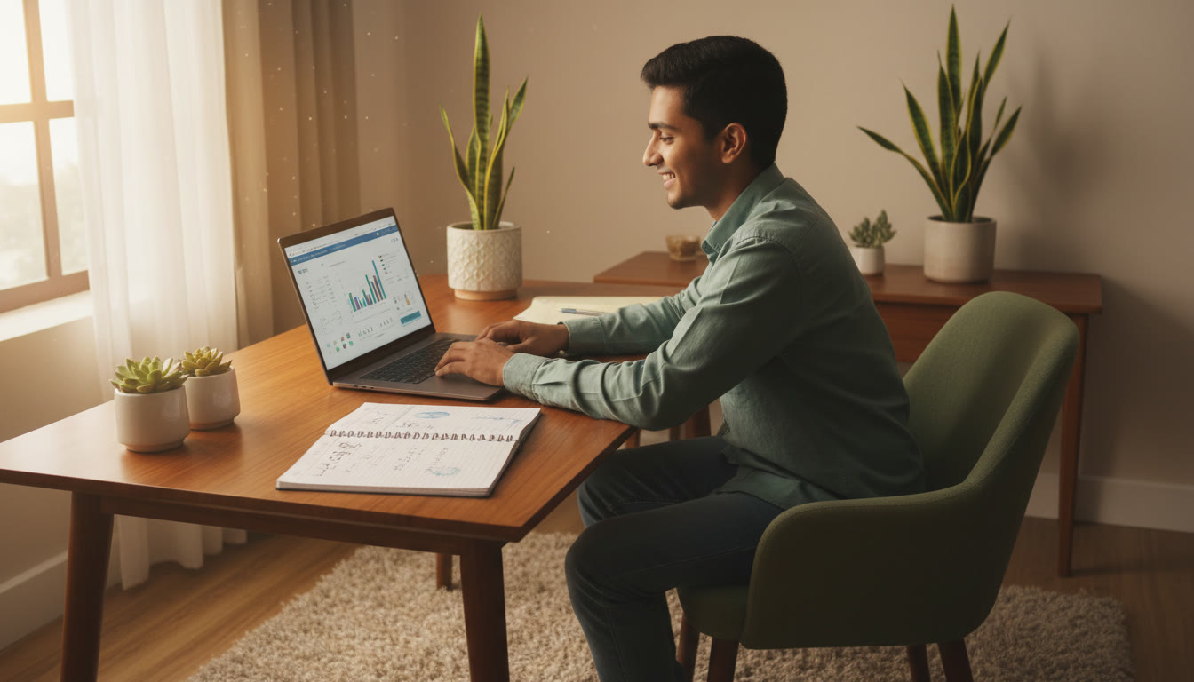 Photo Idea : A student calmly reviewing answers on a laptop after a timed mock test, with a clear error-log notebook beside them.