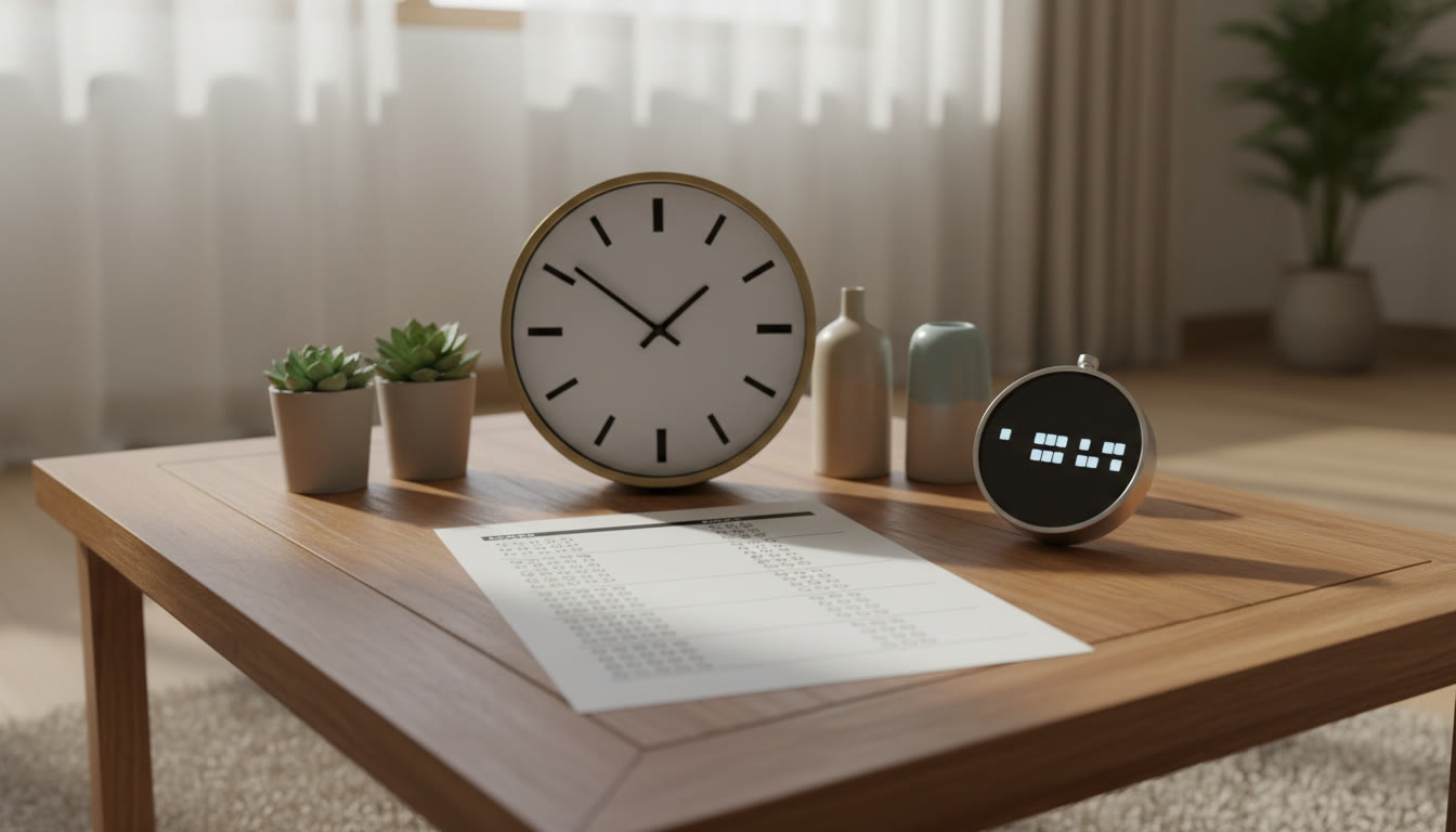 Photo Idea : A clock, answer sheet and stopwatch laid out to simulate a timed mock-test environment on a wooden table.