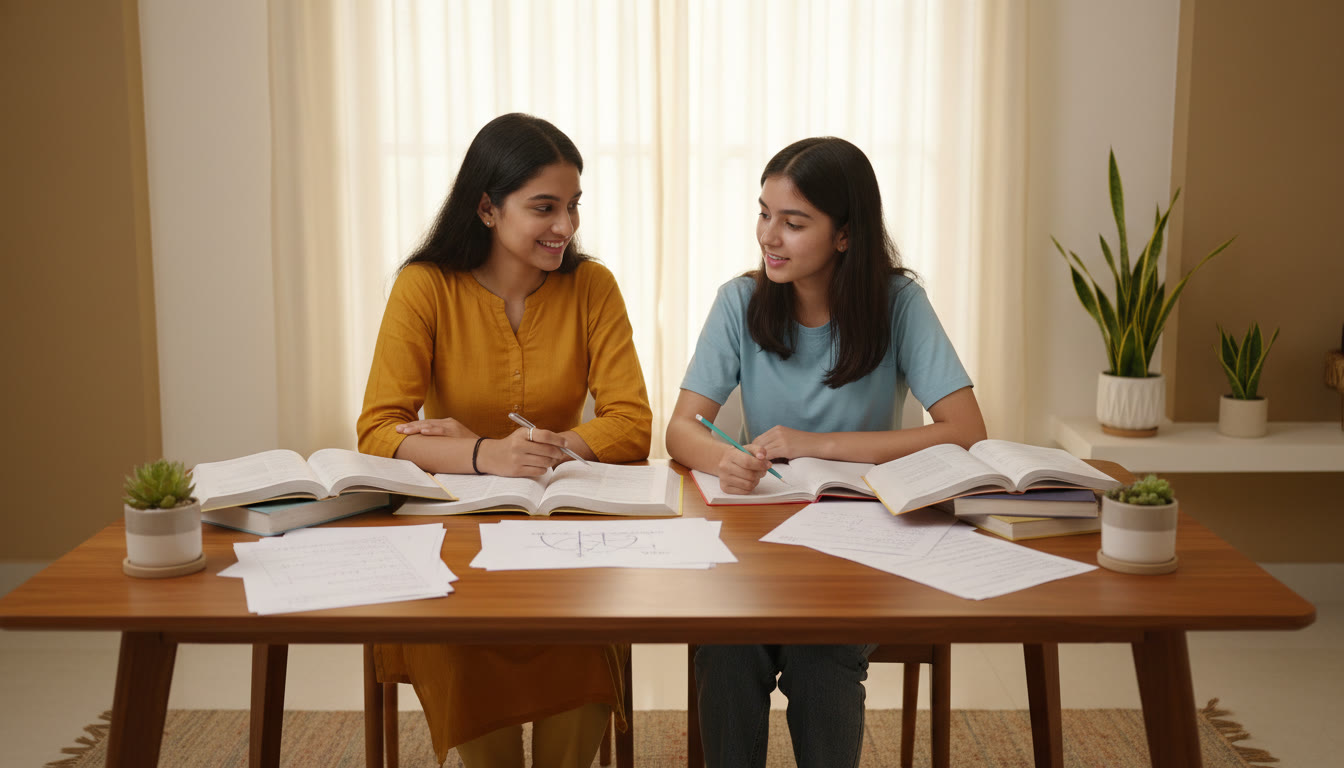Photo Idea : A tutor and an ISC student at a study table, textbooks open, tutor pointing to an annotated physics diagram