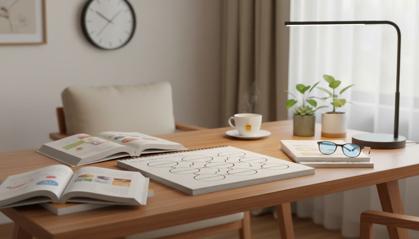 Photo Idea : A bright study desk with open textbooks, a notebook showing a concept map, and a clock indicating disciplined study time