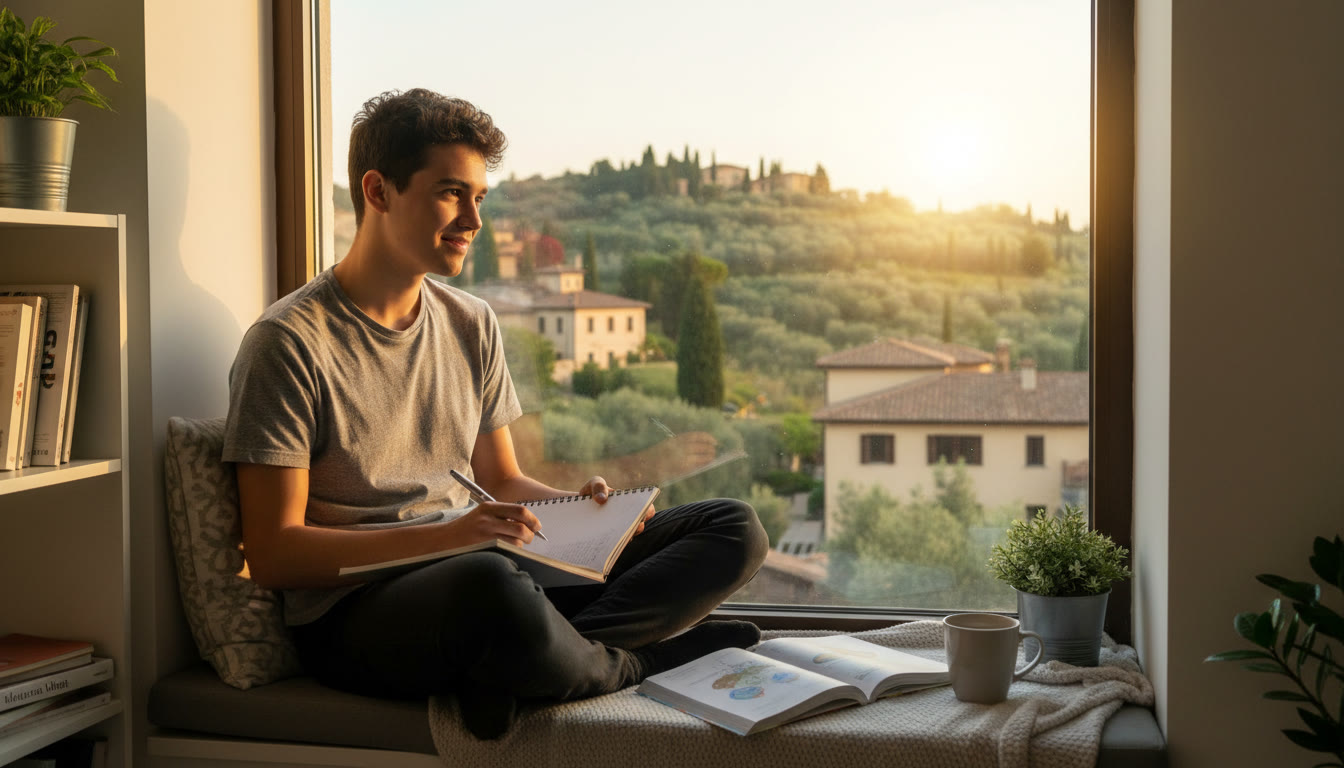 Photo Idea : A student sitting at a window with a notebook, drafting a personal statement