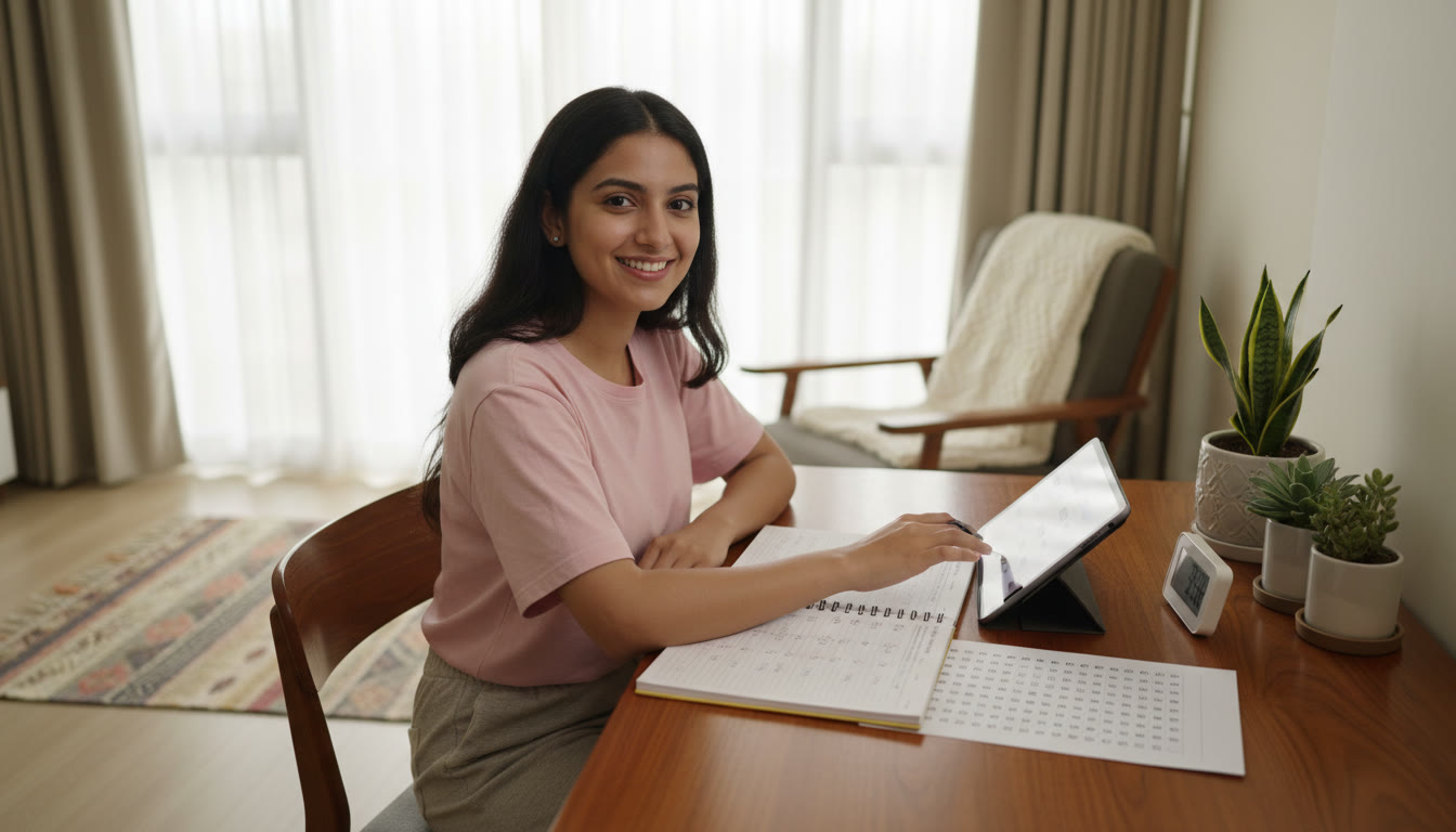 Photo Idea : Student at a desk practicing MCQs with a timer and OMR-style sheet nearby