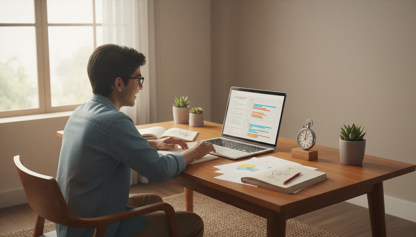 Photo Idea : student seated at a desk doing a timed online mock test on a laptop with a stopwatch and scattered notebooks
