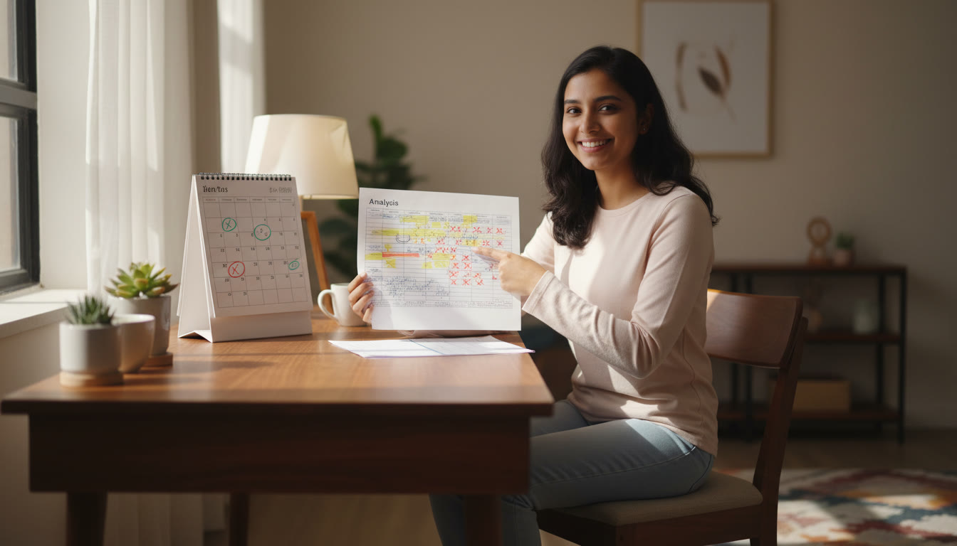 Photo Idea : A student reviewing a printed mock-test analysis sheet with highlighted errors and a calendar showing scheduled mock days.