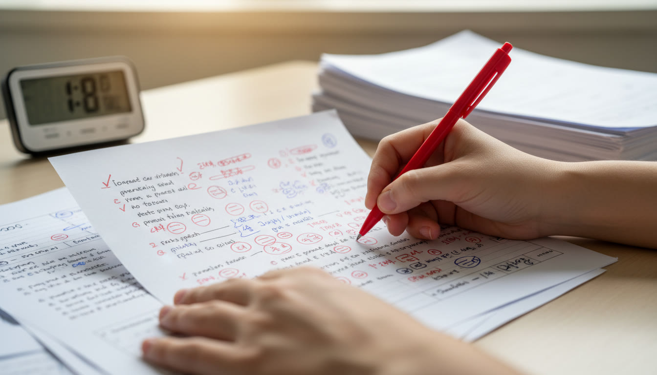 Photo Idea : Close-up of hands marking a timed exam paper with a red pen and annotated notes