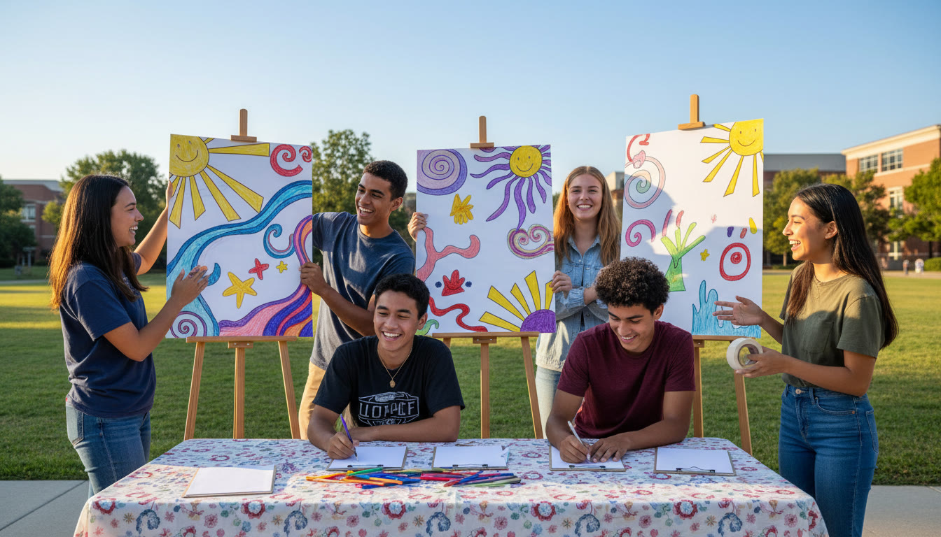 Photo Idea : students setting up a volunteer sign-up table with bright posters and clipboards