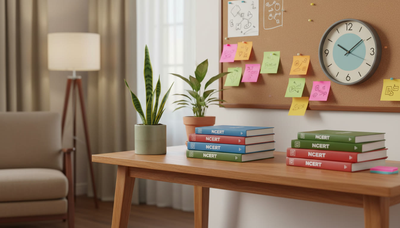 Photo Idea : student desk with neatly stacked NCERT books, color-coded sticky notes, and a clock showing short study blocks