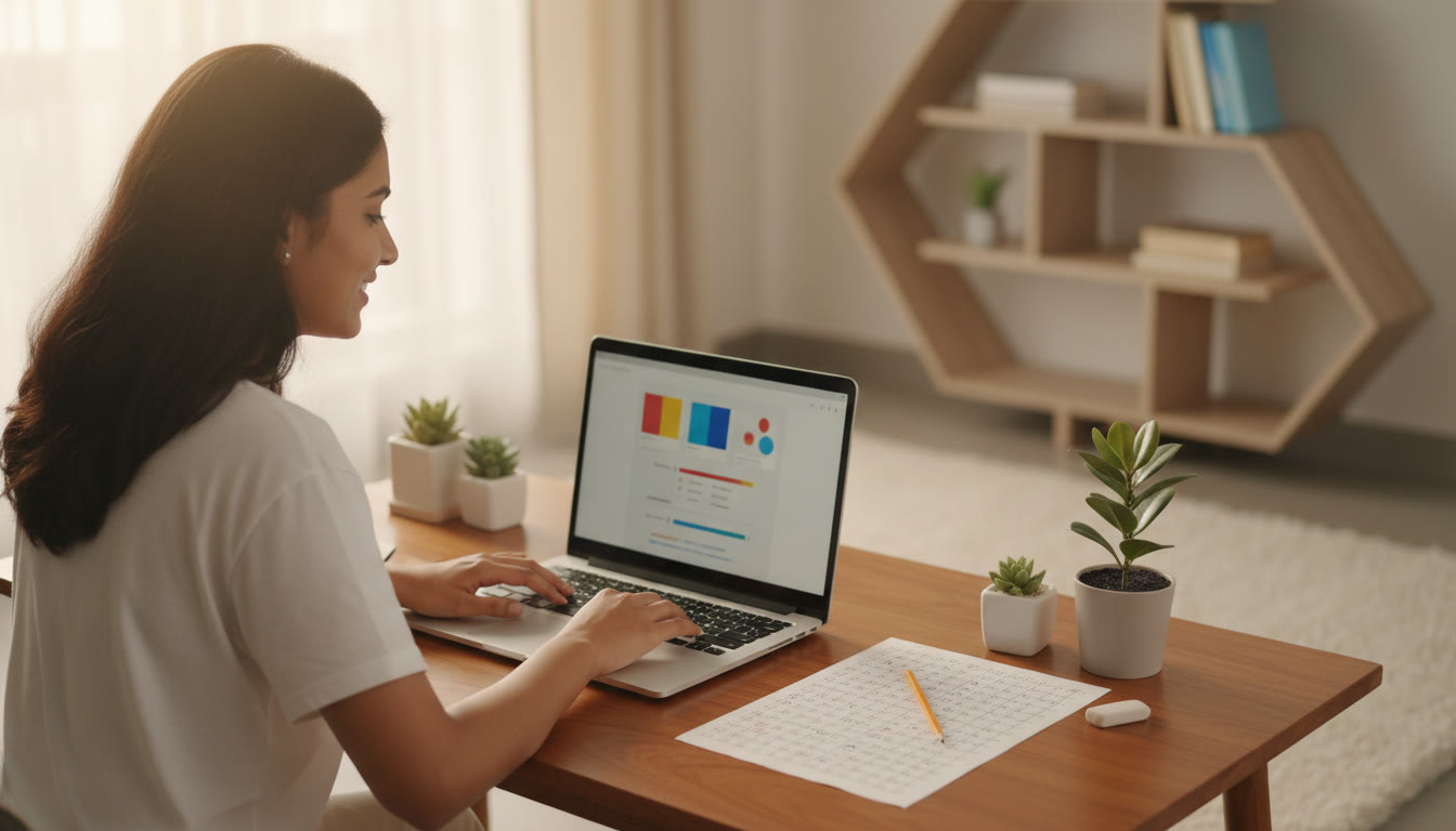 Photo Idea : A focused student at a desk with a laptop showing a mock test screen and a separate OMR answer sheet nearby