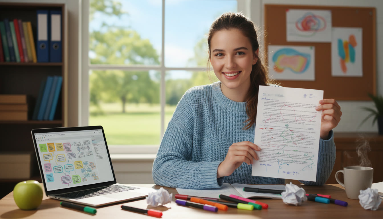 Photo Idea : A student reviewing a printed essay draft at a desk with colored pens and a laptop open to notes