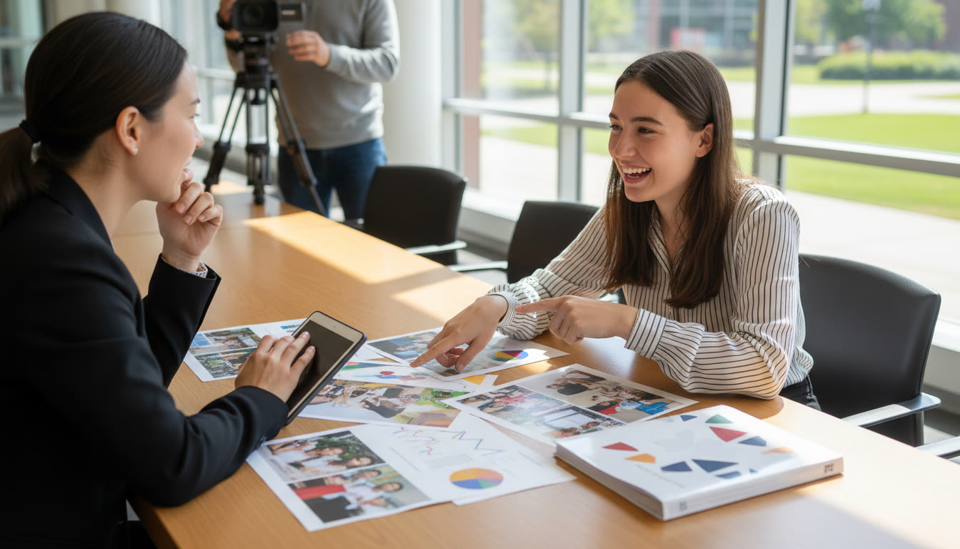 Photo Idea : Student explaining a project to an interviewer with printed evidence and photos on a table