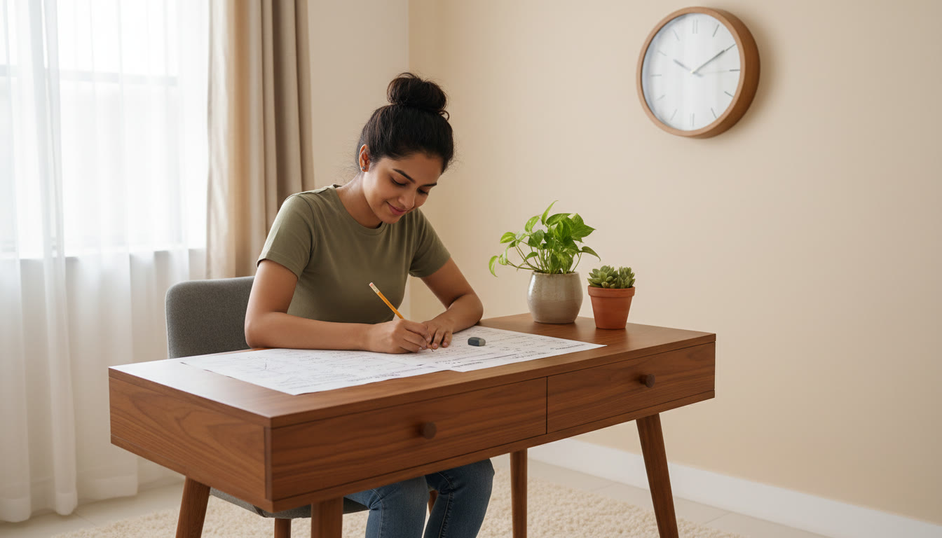 Photo Idea : A focused student solving a printed sample paper at a desk with a clock visible