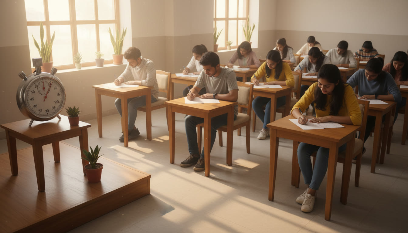 Photo Idea : Exam hall scene with students filling OMR sheets and a visible stopwatch