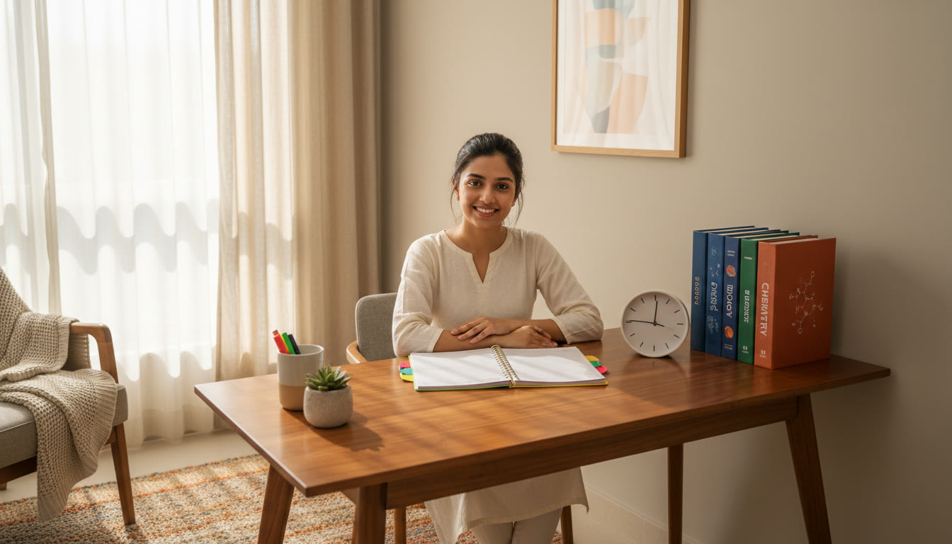 Photo Idea : Student at a tidy desk with a planner, clock, and textbooks arranged by subject