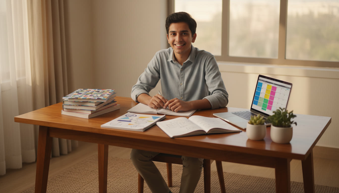 Photo Idea : student at a tidy desk with CBSE textbooks, notes, and a laptop open to a study timetable