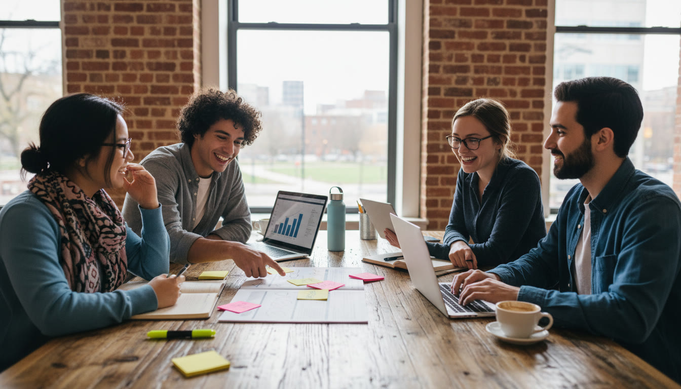 Photo Idea : A small group of students in a study session discussing a printed case study with laptops and sticky notes