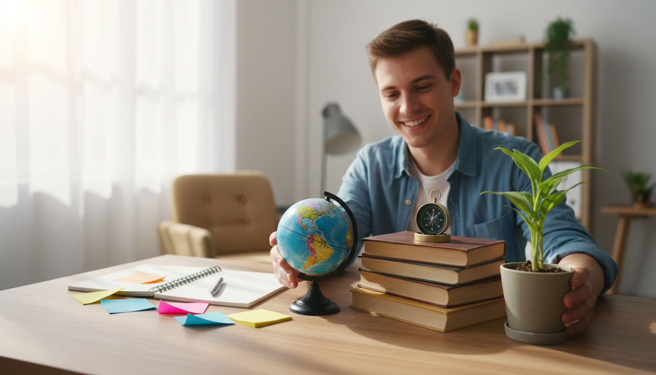 Photo Idea : a student arranging three meaningful objects on a desk with a notebook and sticky notes