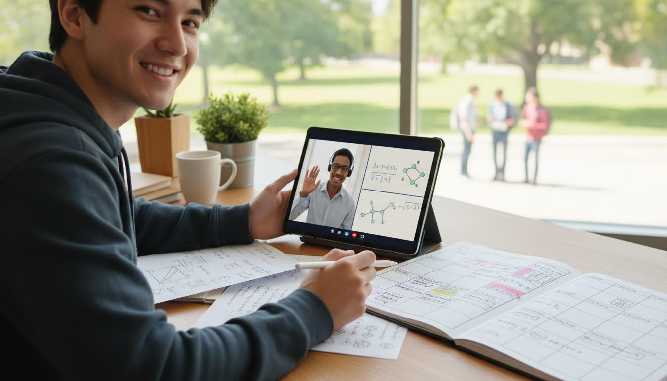 Photo Idea : A student at a desk with notes, a tablet displaying a tutor video call, and a planner showing a weekly schedule.
