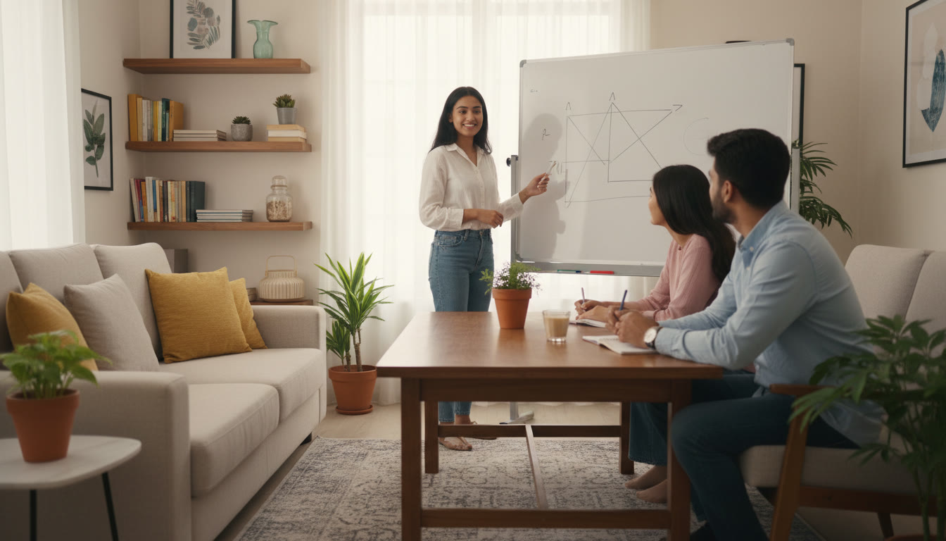 Photo Idea : Group study session with a tutor explaining a physics diagram on a whiteboard