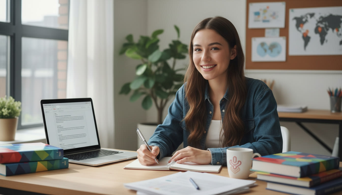 Photo Idea : Student writing a personal statement at a desk surrounded by IB textbooks and a laptop