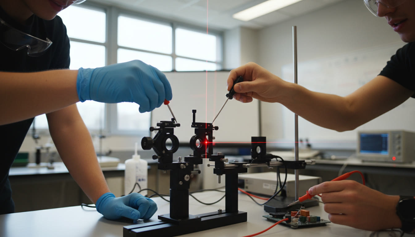 Photo Idea : Close-up of hands adjusting an apparatus during a physics practical in a lab