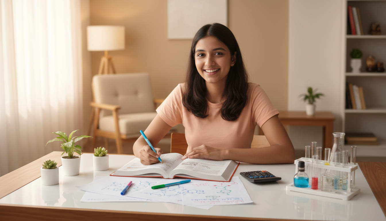 Photo Idea : Student at a tidy desk with a science textbook open, colourful handwritten notes, a calculator, and a small experiment kit nearby