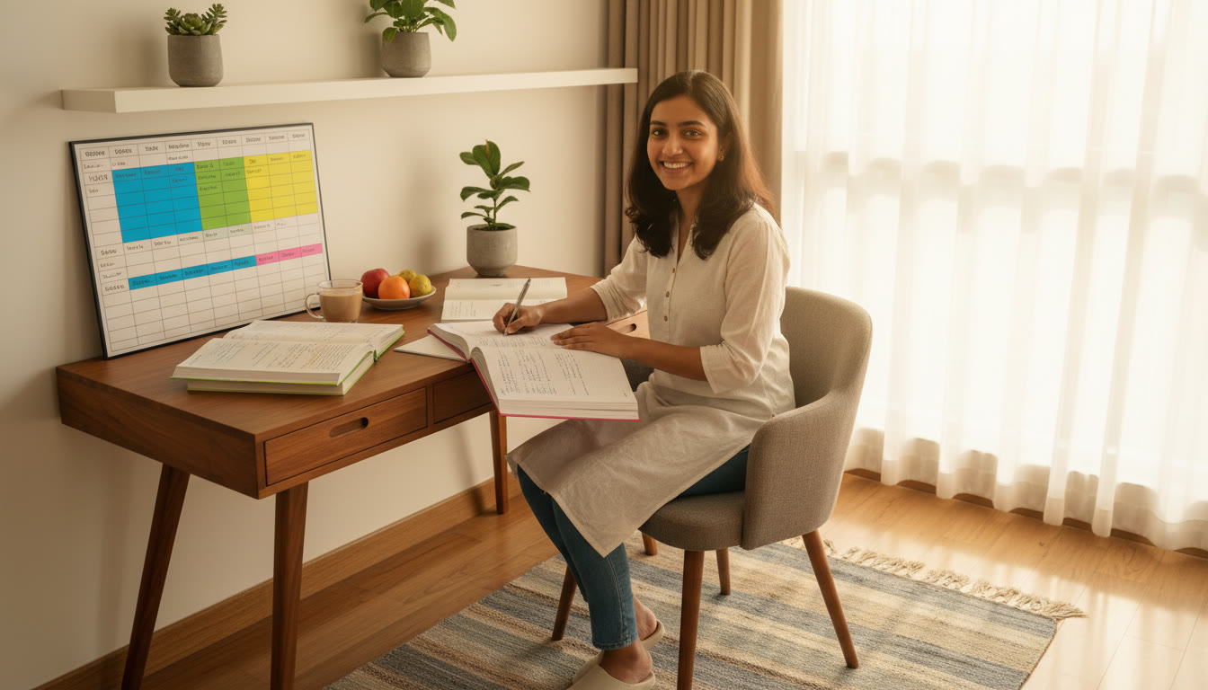 Photo Idea : Student sitting at a desk with open textbooks and a color-coded study planner