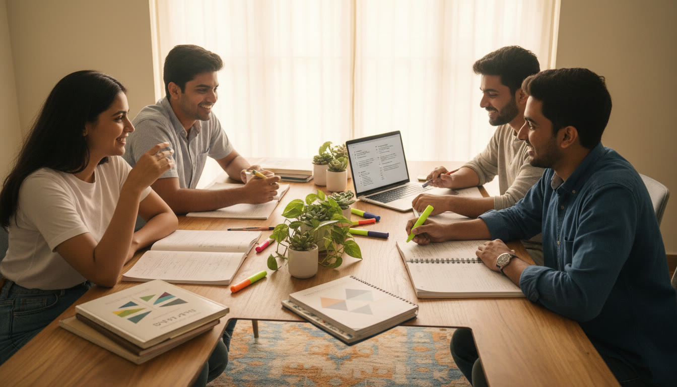 Photo Idea : Students studying around a table with ISC textbooks, notebooks, highlighters, and a laptop displaying notes