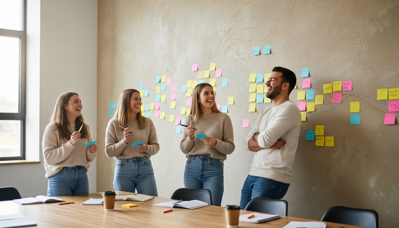 Photo Idea : A small group doing a psychology workshop with sticky notes on a wall