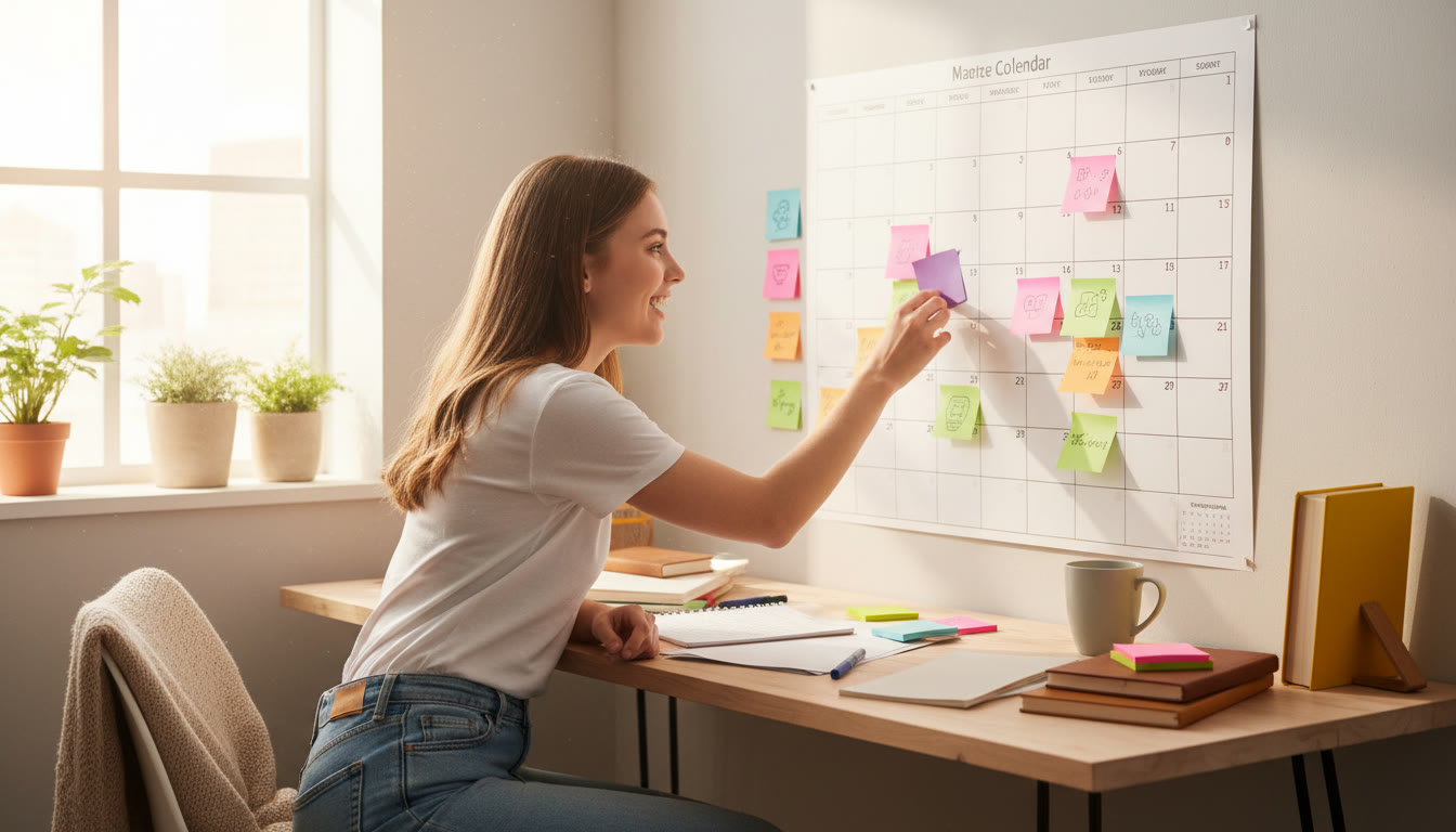 Photo Idea : Student at a desk marking a two-year wall calendar with colorful sticky notes