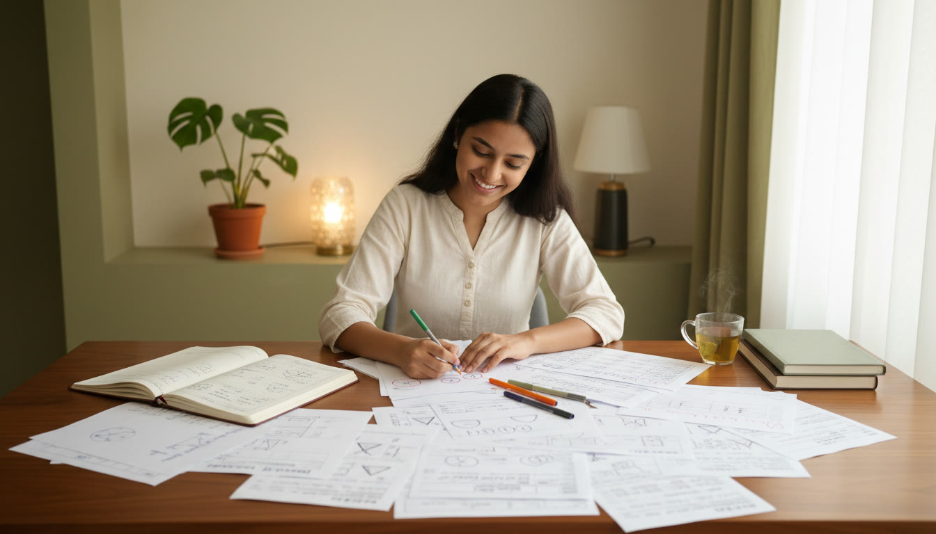 Photo Idea : Student analyzing mock test printouts with colored pens and an error-log notebook