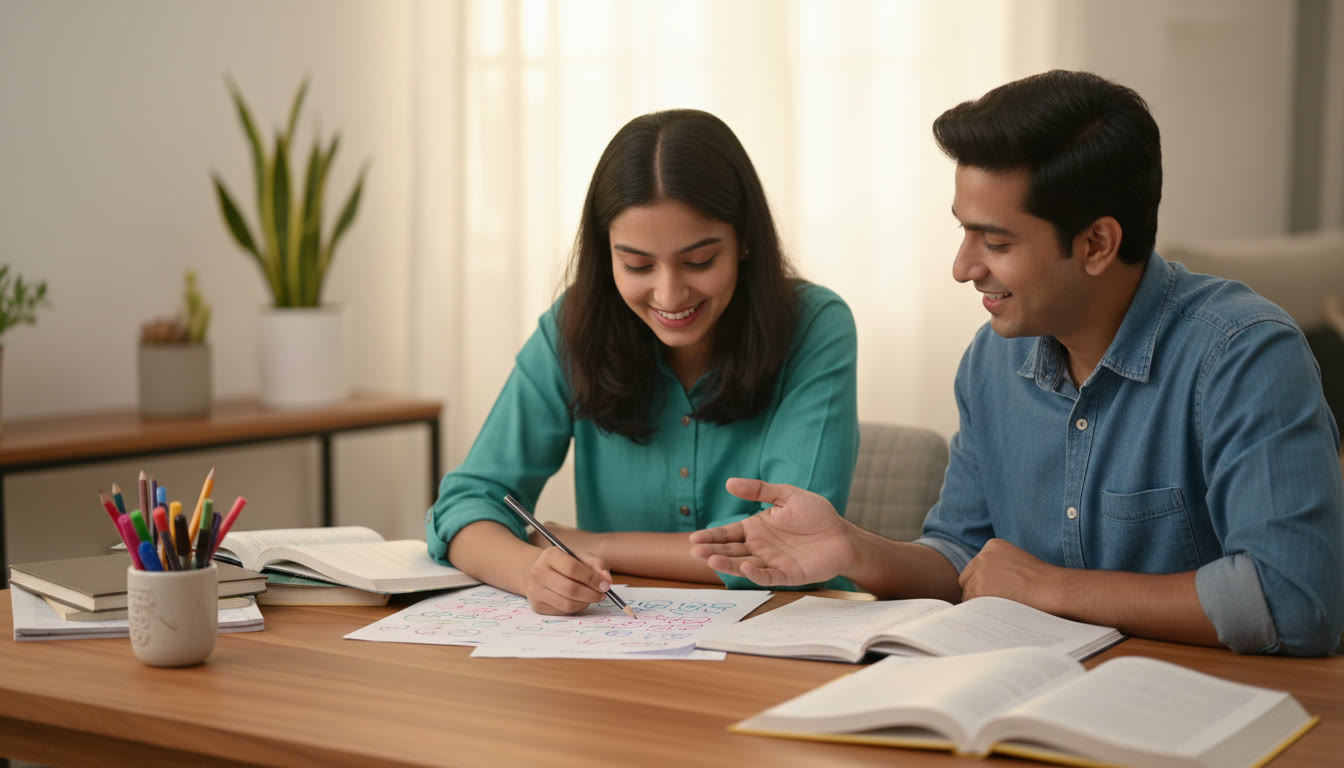 Photo Idea : Student and tutor discussing a marked mock-test paper at a table with notes and colored pens