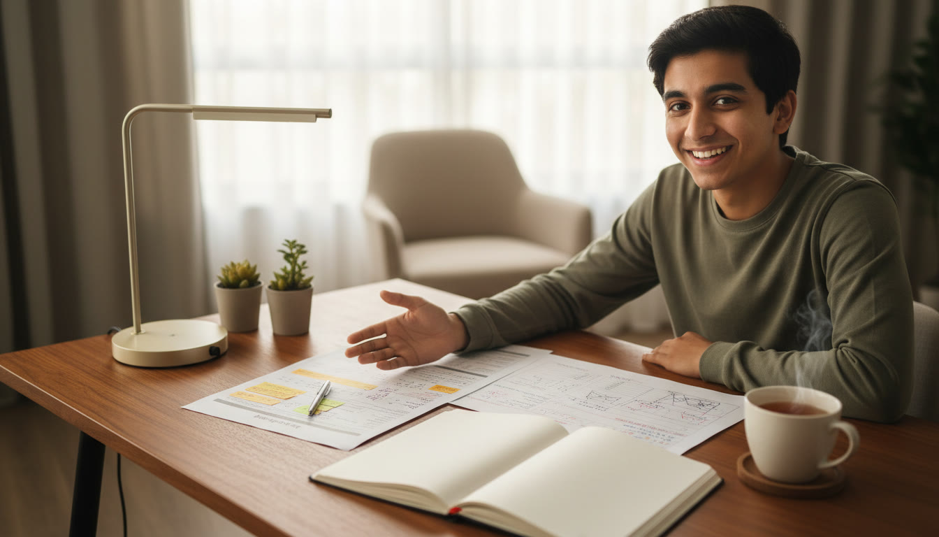 Photo Idea : Student at a desk with a mock test printout, a notebook labeled 