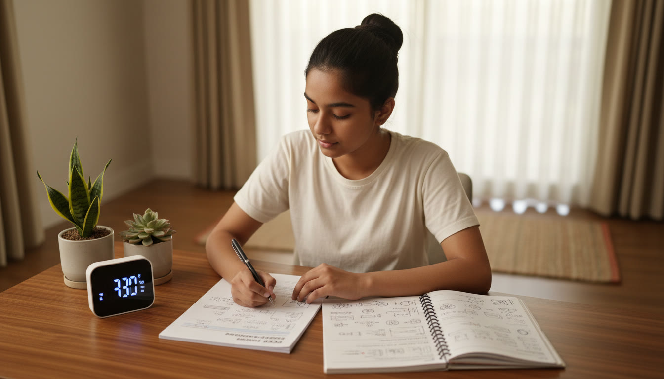 Photo Idea : Student calmly solving a mock CBSE paper at a desk with a visible timer and neat notes