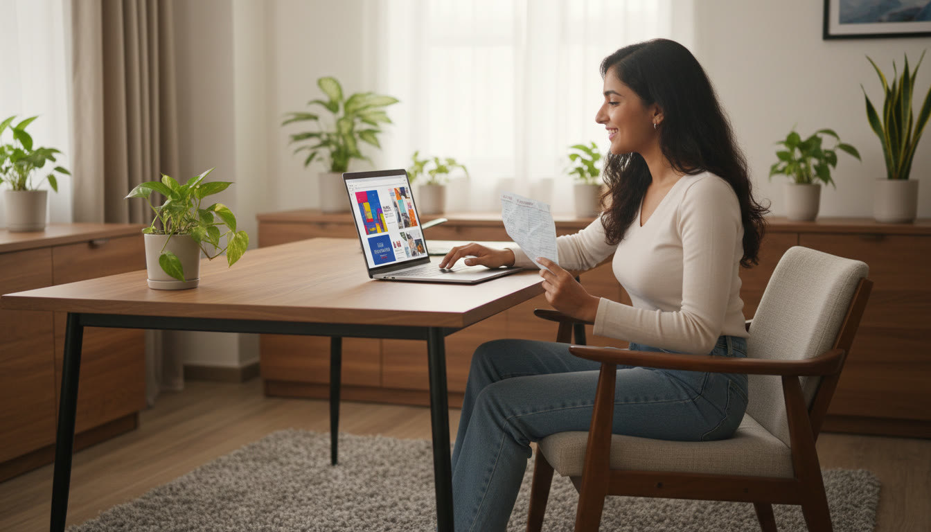 Photo Idea : A thoughtful student holding a NEET scorecard while looking at college brochures on a laptop