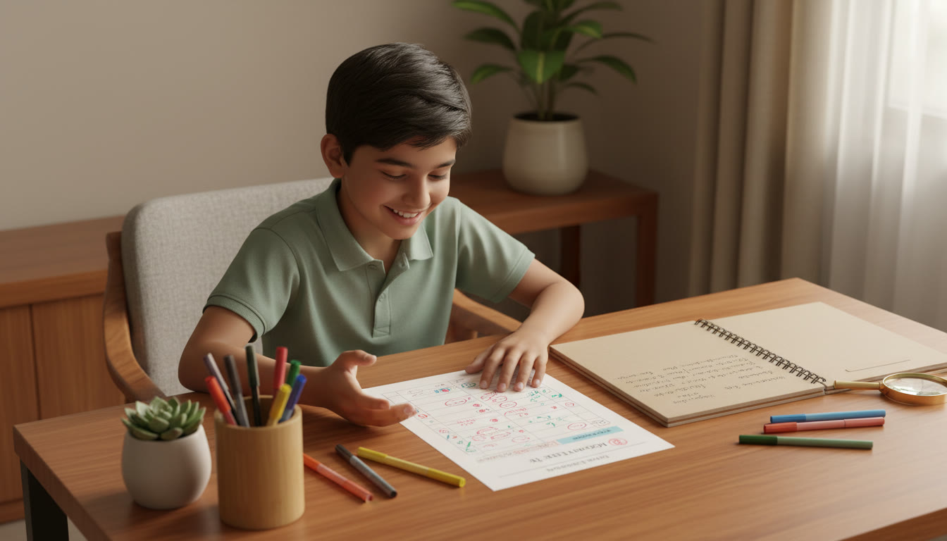 Photo Idea : A student analyzing a marked mock test on a desk with colored pens and a correction notebook.