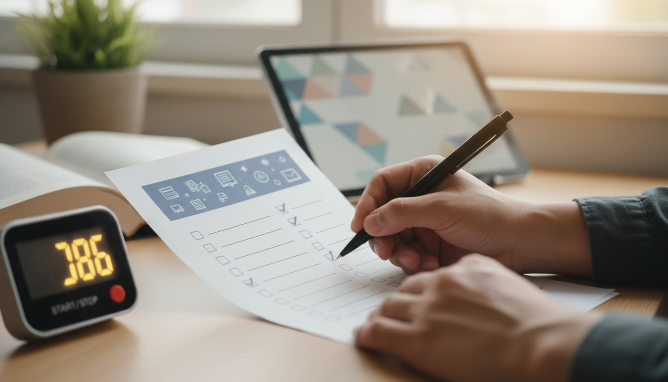 Photo Idea : Close-up of a student’s hand ticking off a pre-exam checklist beside a stopwatch