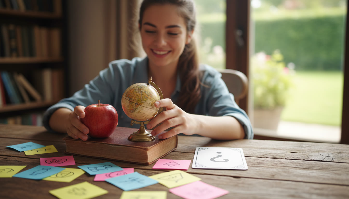 Photo Idea : A student arranging three everyday objects on a wooden table with sticky notes and a printed TOK prompt card.