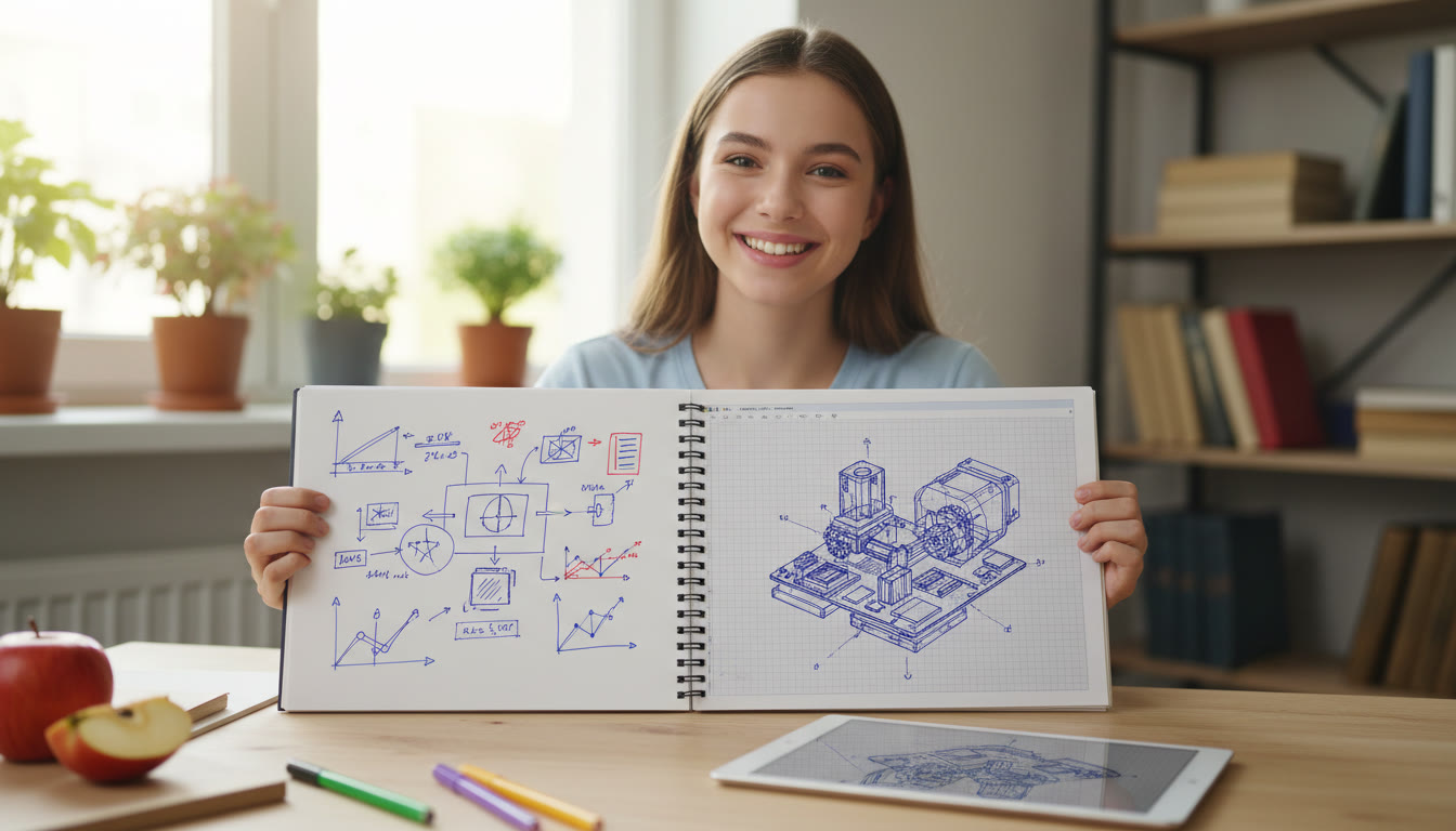 Photo Idea : A student showing a lab notebook on one page and a CAD sketch on the other at a desk