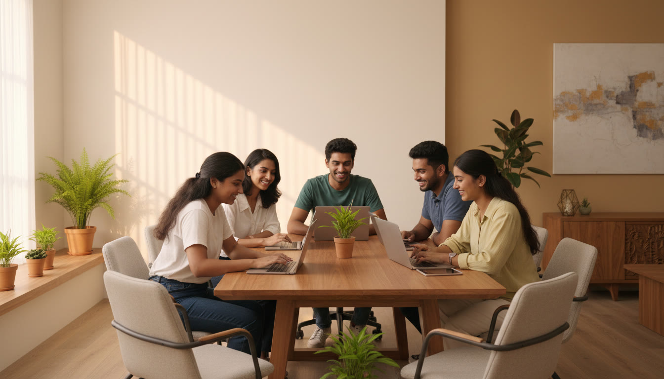 Photo Idea : a group of students at a counselling desk filling online preference forms together