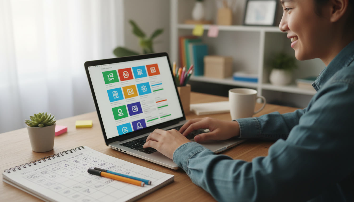 Photo Idea : Close-up of a student arranging a neat digital portfolio on a laptop, with a notebook open showing a weekly activity log