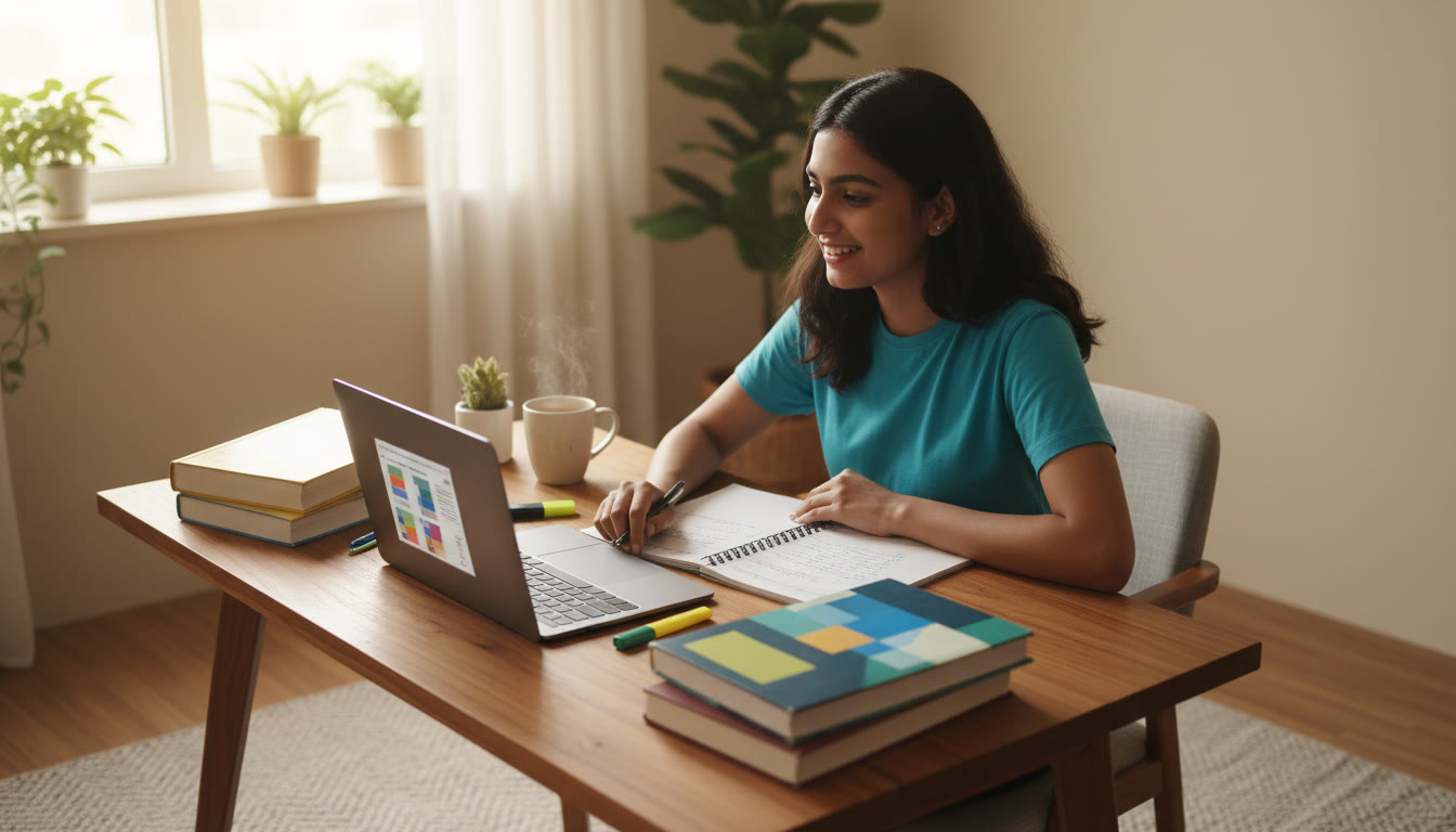 Photo Idea : A student at a desk surrounded by open ISC textbooks, notebook, and a laptop with neatly color-coded notes.