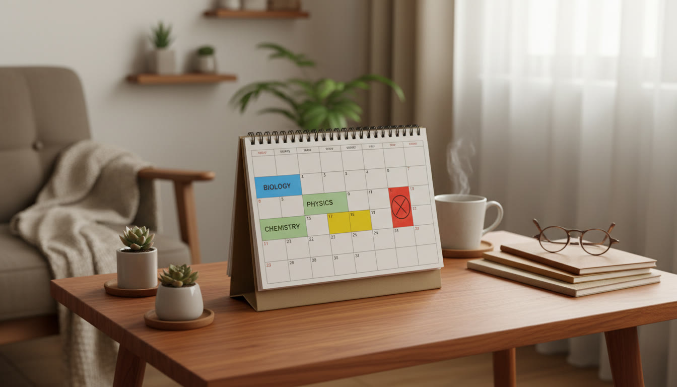 Photo Idea : A student calendar open with color-coded study slots and a mock test marked in red