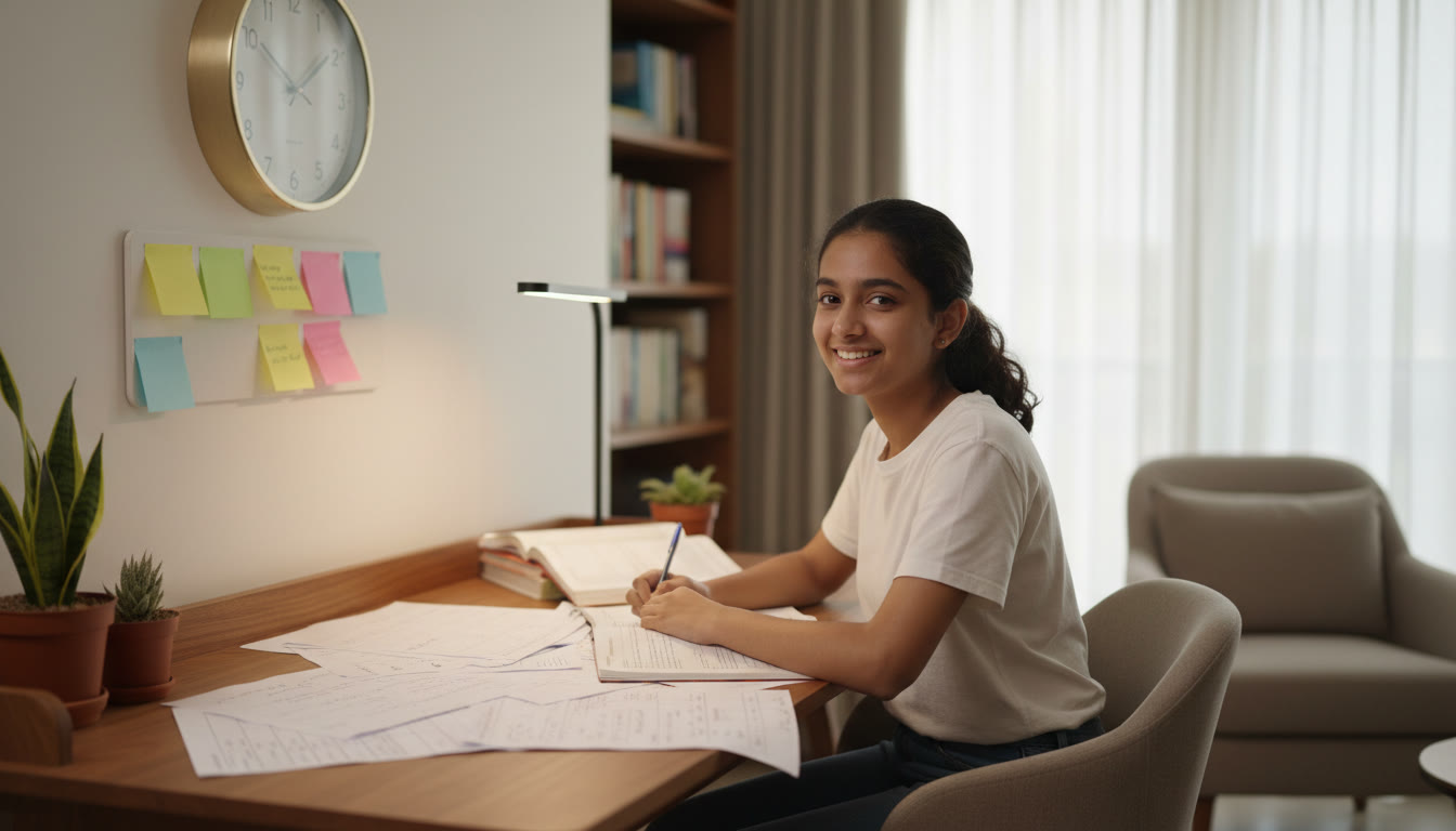 Photo Idea : a focused student sitting at a desk with practice papers, a clock, and colorful sticky notes