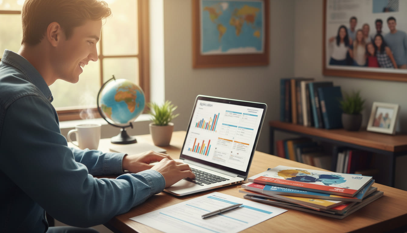 Photo Idea : Student preparing application documents at a desk with international university brochures and a laptop