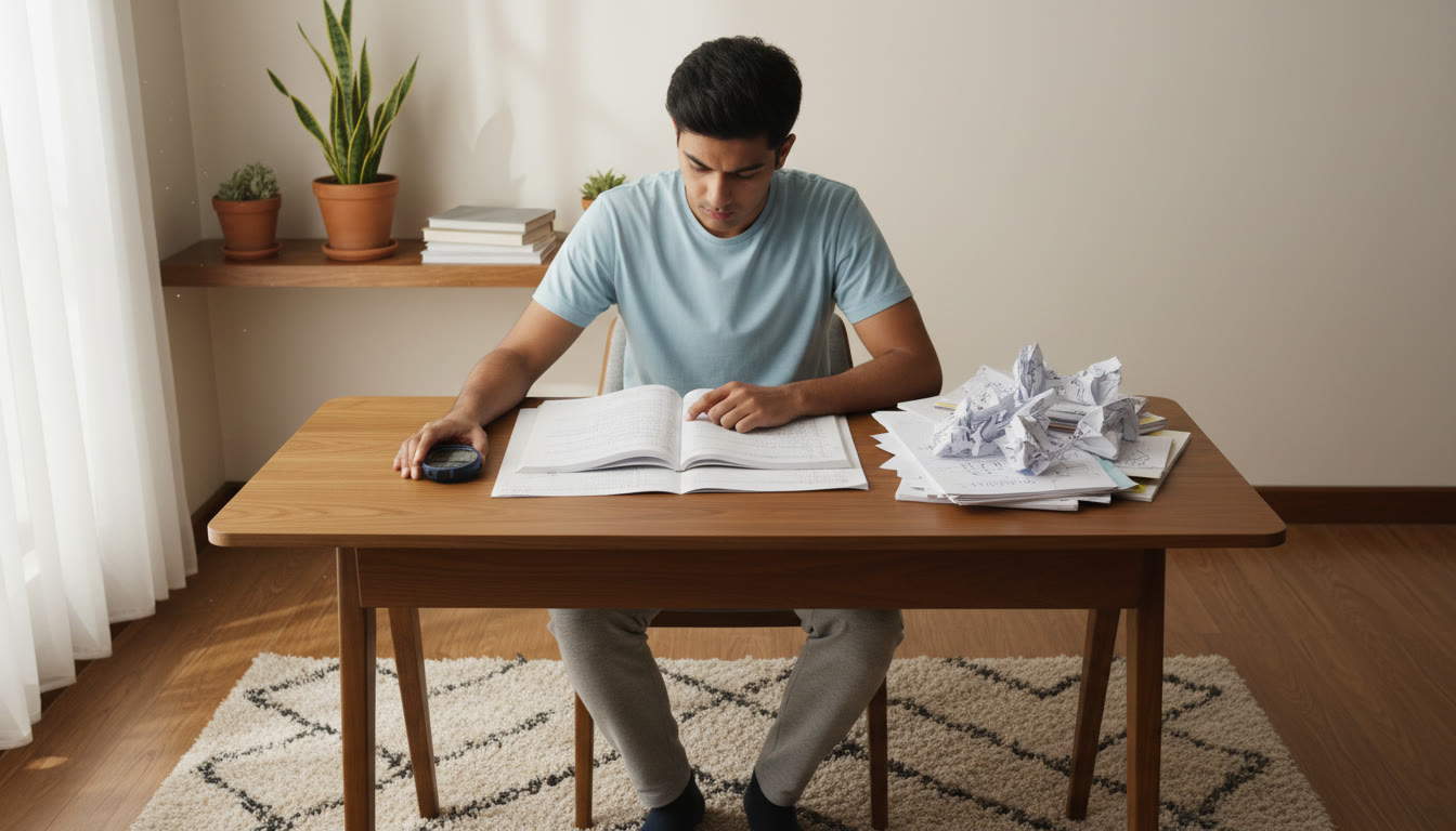 Photo Idea : a focused student taking a full-length mock at a desk with a stopwatch and scattered revision notes